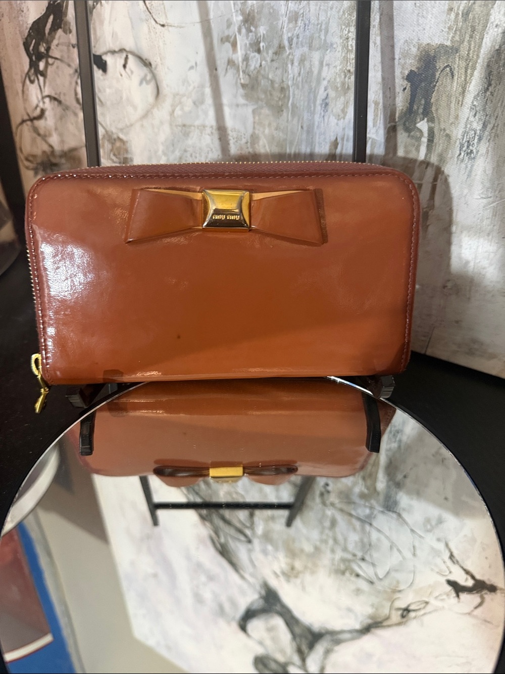 Miu Miu Brown Bow-Accent Zip Wallet